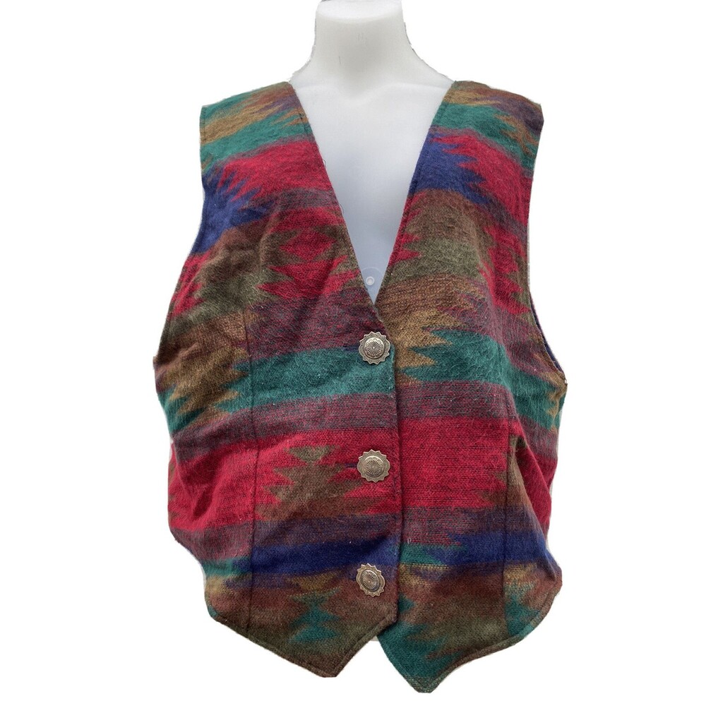 Longhorn Niver Western Wear Button Down Vest Women's Sz Large Red Green Blue Tan